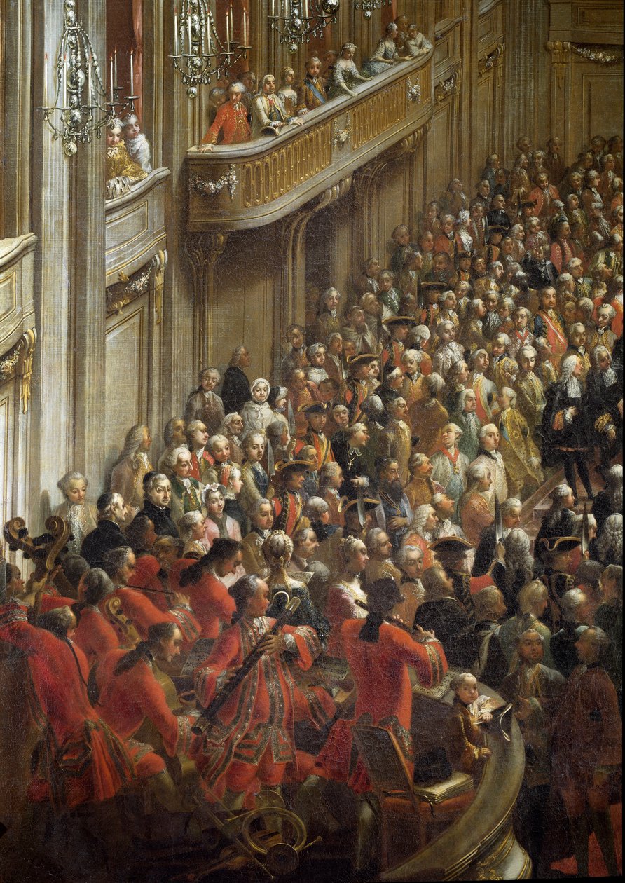 Criança Mozart perto dos músicos. detalhe do banquete oficial para o casamento da Princesa Isabel de Parma com o Imperador José II (Pintura de Martin (and studio) Mytens or Meytens