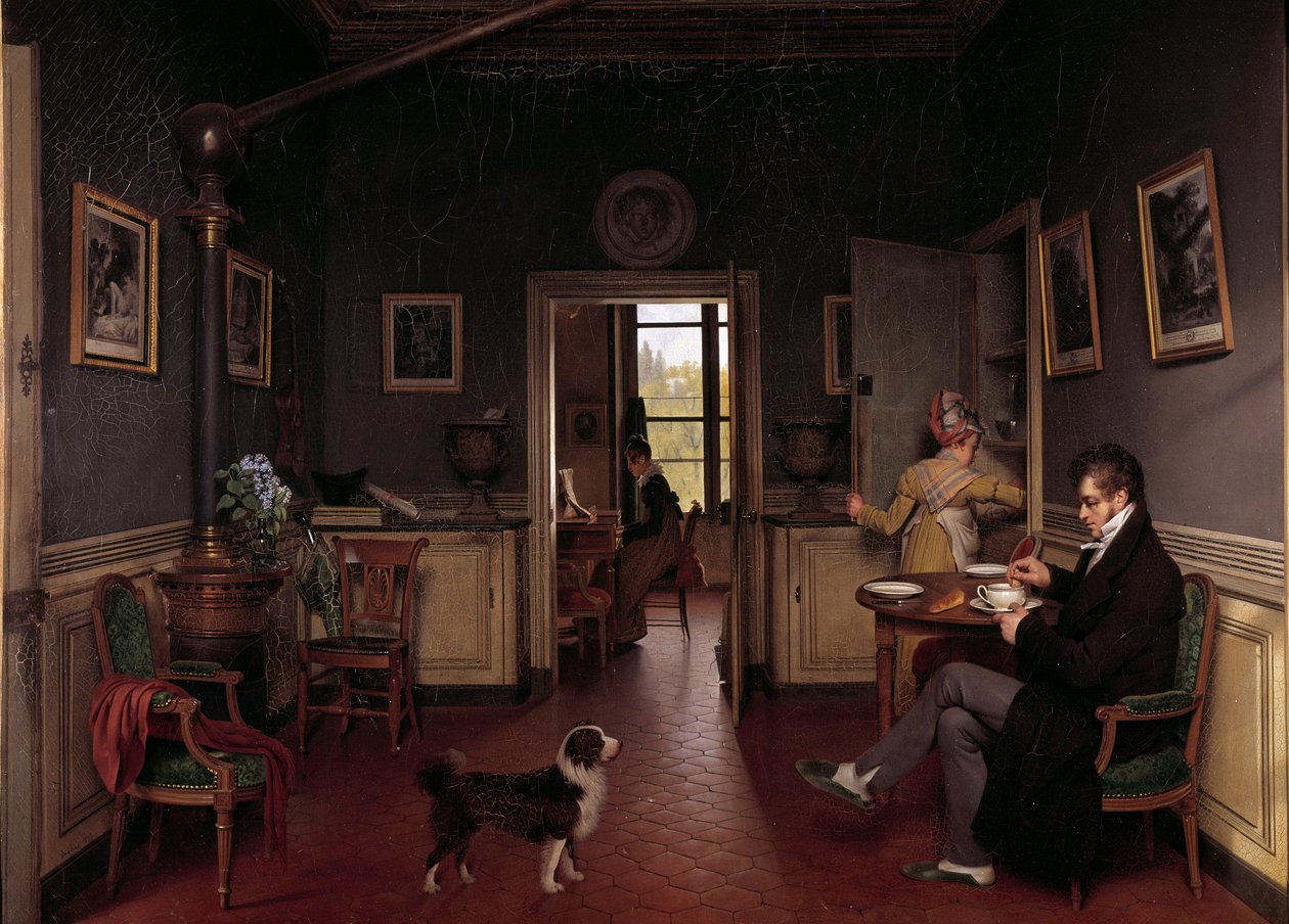 Uma vista interior de uma sala de jantar em 1815 Um homem de chinelo toma seu café da manhã diante dos olhos do cachorro. Pintura de Martin Drolling (1752-1817) de Martin Drölling