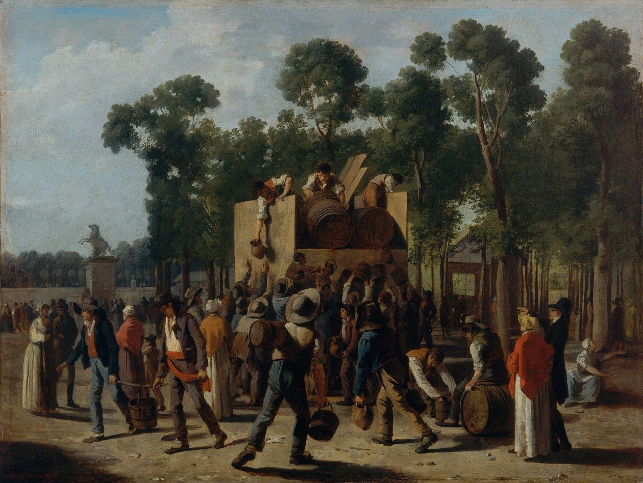 Distribuição de vinho nos Campos Elísios, c.1795 (óleo sobre papel, montado sobre tela) de Martin Drölling