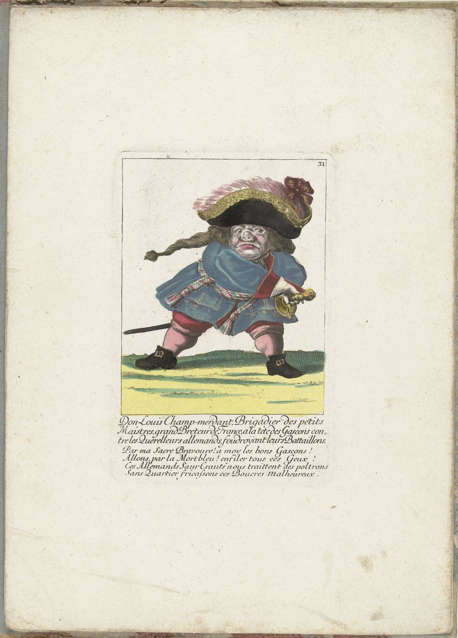 De Franse dwerg Don Luis Champ-merdant, ca. 1710
Don Luis Champ-merdant, Brigadeiro des petits Maistres, grande Breteur de France, liderando os Gascons contra os Querelleurs alemães, atacando os seus Battaillons (título sobre o objecto)
Il Callotto resur de Martin Engelbrecht (attributed to)