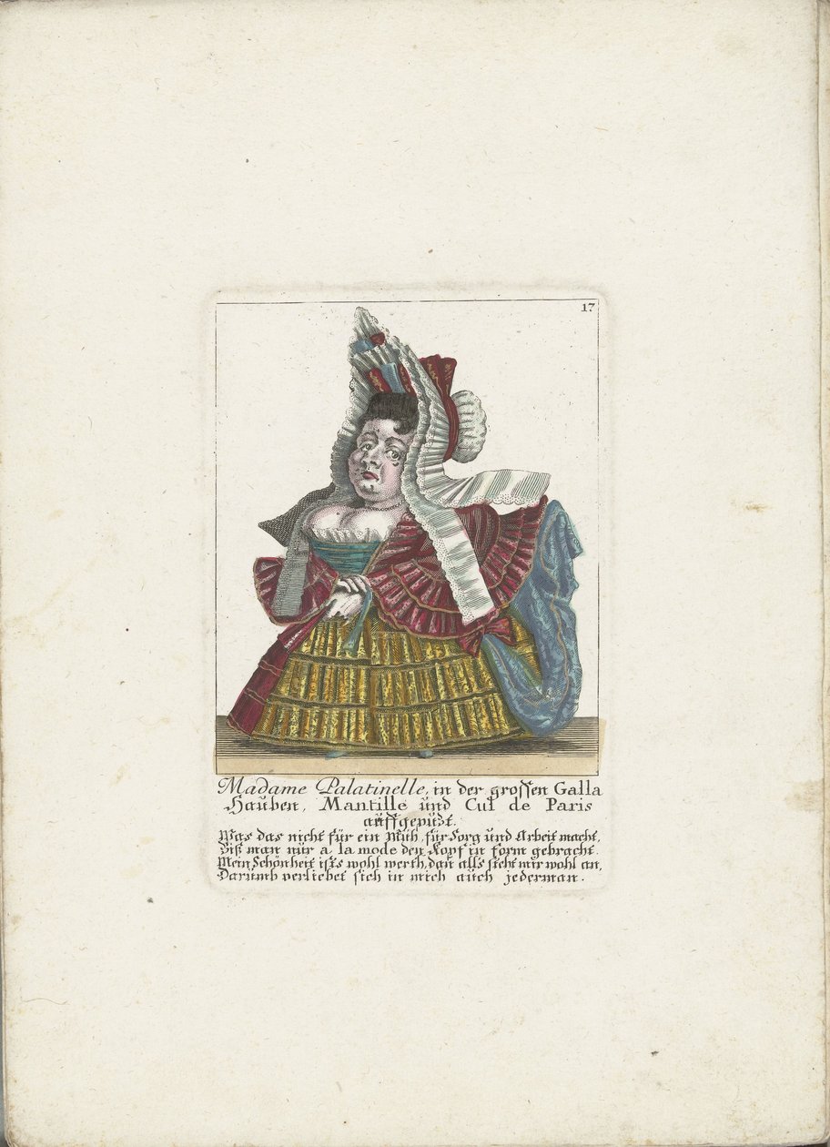 De Franse dwerg Madame Palatinelle, ca. 1710
Madame Palatinelle, na grande Galla Hauben, Mantille e Cul de Paris auffgepützt (título sobre o objecto)
Il Callotto resurcitato oder Neu eingerichtes Zwerchen Cabinet (título da série) de Martin Engelbrecht (attributed to)
