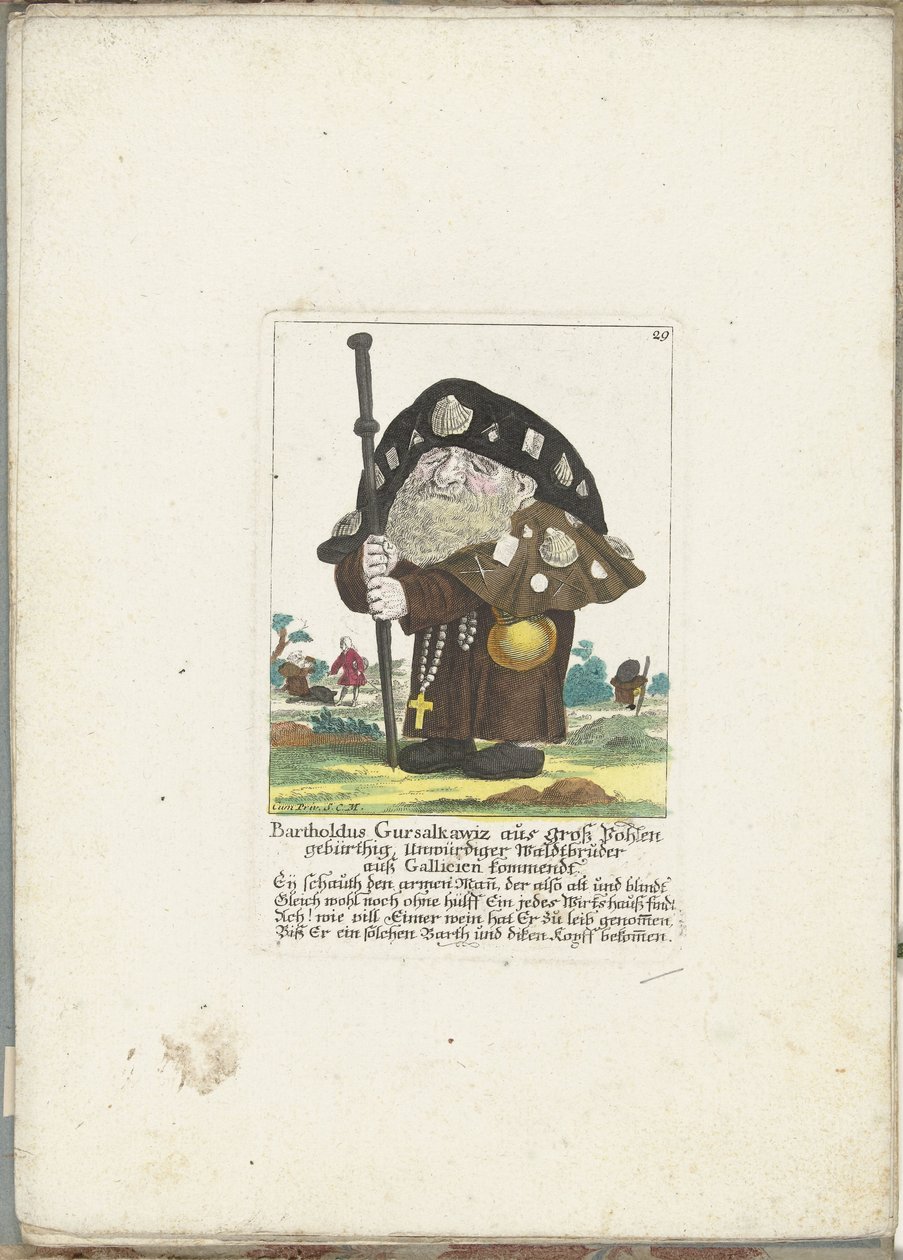De dwerg Bartholdus Gursalkawiz como peregrino uit Compostela, cerca de 1710 Bartholdus Gursalkawiz, nascido em Groß Pohlen, indigno irmão da floresta da Galícia (título no objeto) Il Callotto resurcitato ou Armário Pequeno Recém Mobilado (série de Martin Engelbrecht (attributed to)