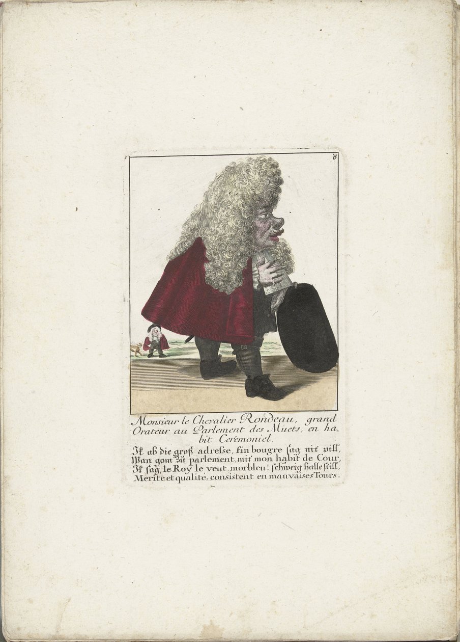 De dwerg Chevalier Rondeau als een Parliamentslid, ca. 1710 Monsieur le Chevalier Rondeau, Grande Orador no Parlamento dos Mudos, em traje cerimonial (título no objeto) Il Callotto resurcitato oder Neu eingerichtes Zwerchen Cabinet (título da série) de Martin Engelbrecht (attributed to)