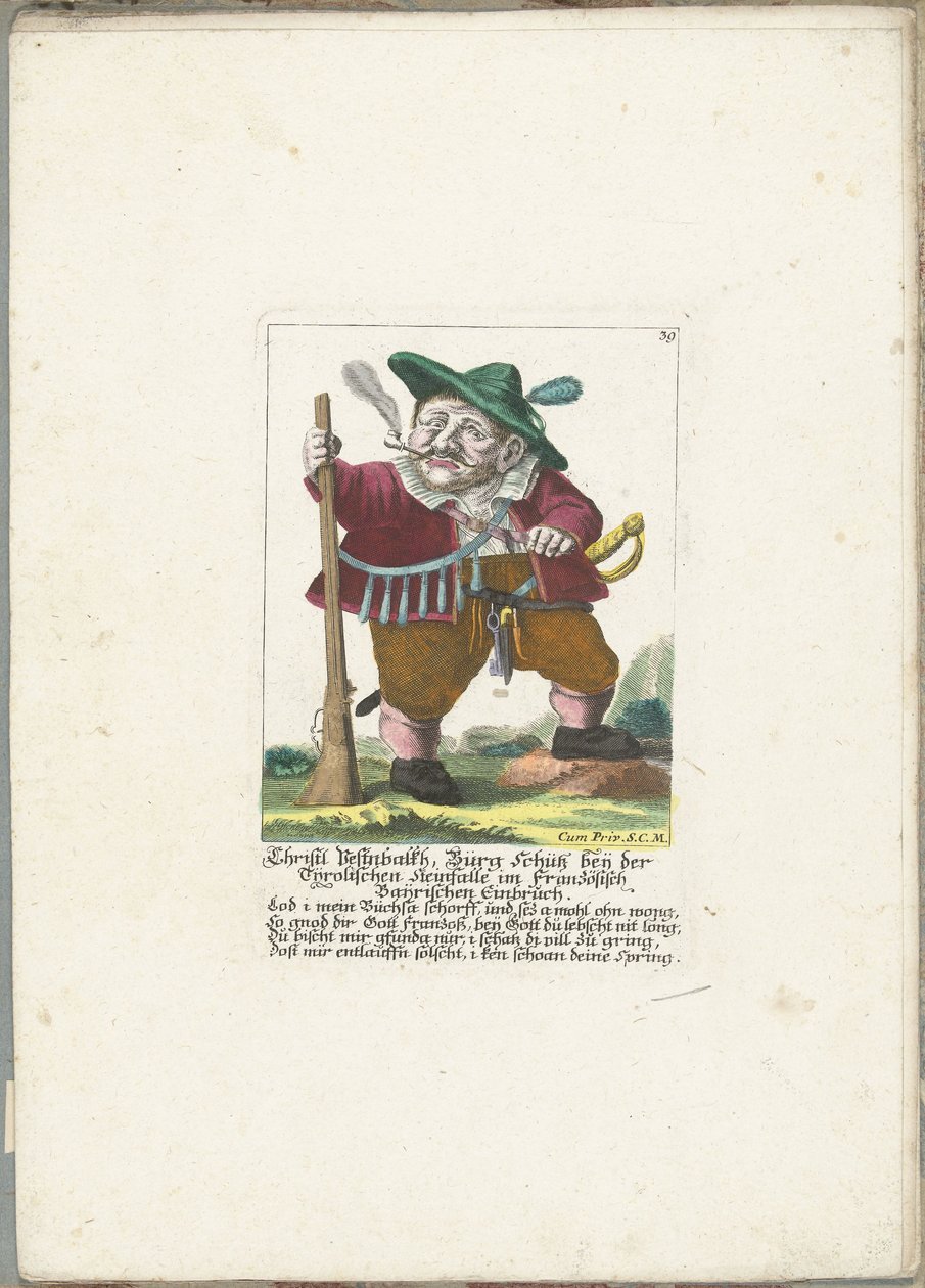 De dwerg Christl Vestnbalkh, cerca de 1710 Christl Vestnbalkh, Bürg Schütz perto da armadilha de pedra tirolesa no roubo Bayrian francês (título no objeto) Il Callotto resurcitato ou Armário Pequeno Recém Mobilado (título da série) de Martin Engelbrecht (attributed to)