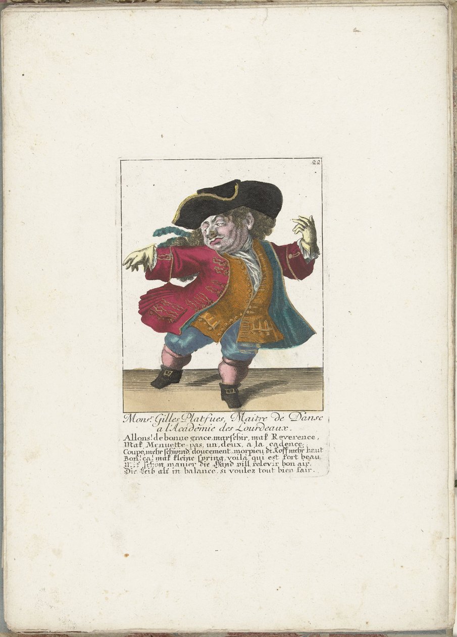 O anão Gilles Platfues como mestre de dança francês, ca. 1710 Gerente Gilles Platfues, Master of Dance na Academie des Lourdeaux (título no objeto) Il Callotto resurcitato ou recém-nomeado Zwerchen Cabinet (título da série) de Martin Engelbrecht (attributed to)