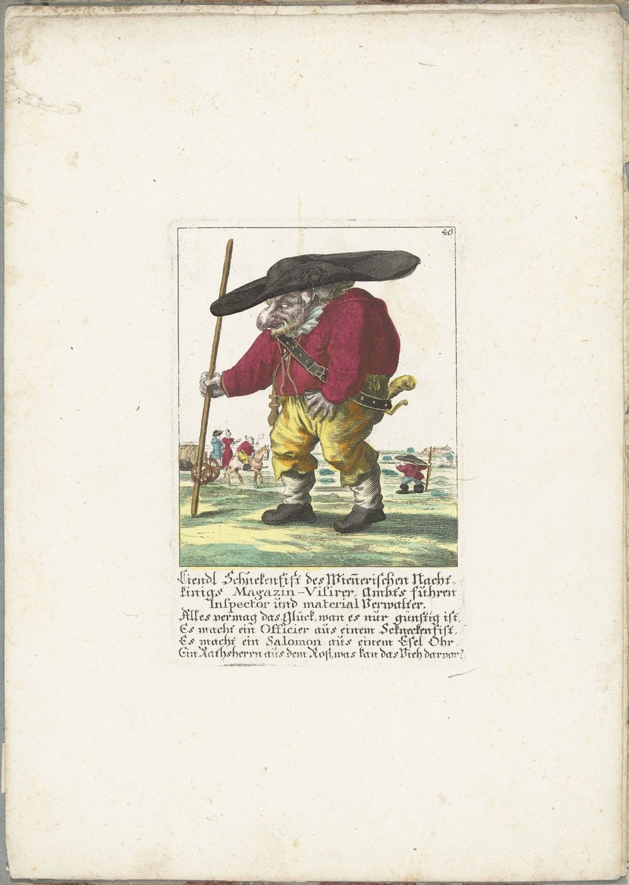 De dwerg Liendl Schnekenfist, cerca de 1710 Liendl Schnekenfist da Wienerisches Nacht-Kings Magazin-Visirer, inspetor de condução de Ambts e administrador de materiais (título no objeto) Il Callotto resurcitato ou Armário Pequeno Recém Mobilado (título da  de Martin Engelbrecht (attributed to)