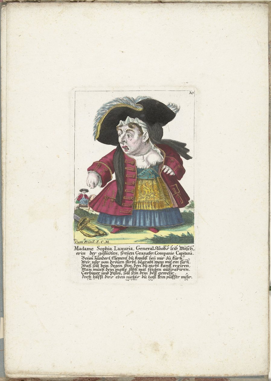 De dwerg Madame Sophia Luxuria, ca. 1710
Madame Sophia Luxuria, Lavadeira Corporal do General Staab da empresa Granatir Capitana (título sobre o objecto)
Il Callotto resurcitato oder Neu eingerichtes Zwerchen Cabinet (título da série) de Martin Engelbrecht (attributed to)
