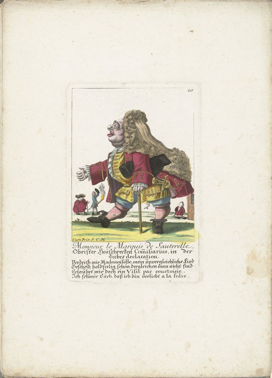 De dwerg Monsieur le Marquis de Sauterelle, ca. 1710
Monsieur le Marquis de Sauterelle, Obrister Heüschrecken Comissarius, na declaração de amor (título sobre o objecto)
Il Callotto resurcitato ou Gabinete Anão recentemente mobilado (título da série) de Martin Engelbrecht (attributed to)
