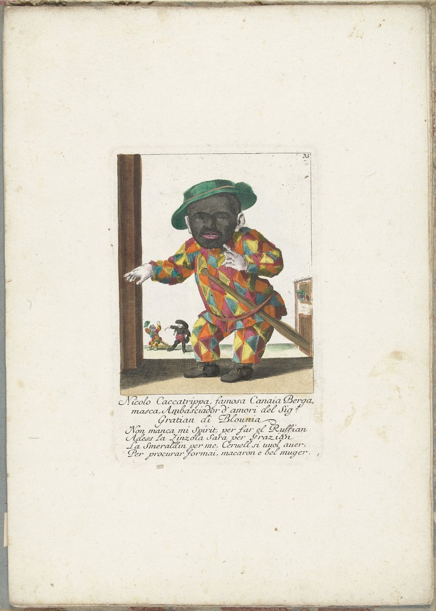 De dwerg Nicolo Caccatrippa als harlekijn, ca. 1710
Nicolo Caccatrippa, famoso Canaia Bergamasca, Ambasciador d