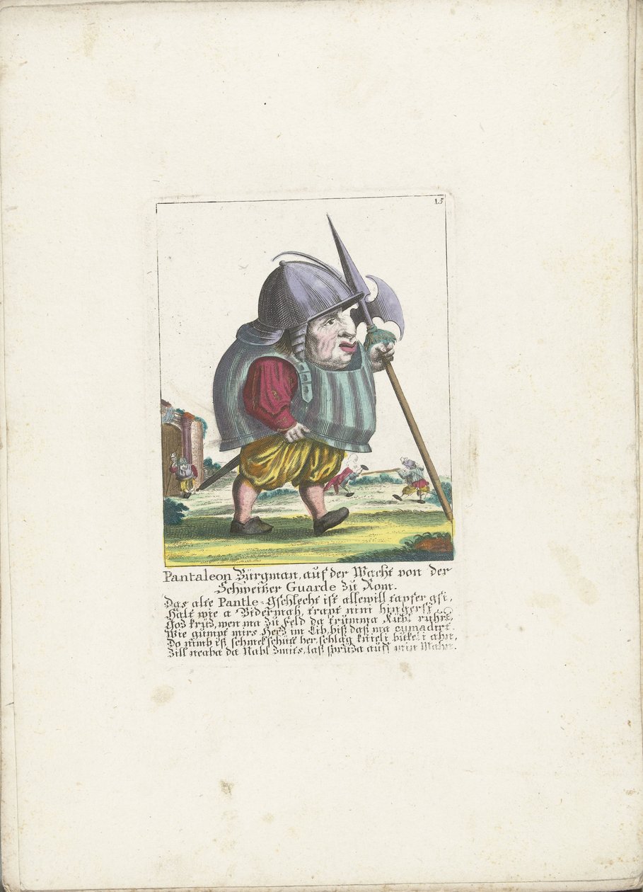 O dwerg Pantaleon Bürgman van de Zwitserse Garde te Rome, cerca de 1710 Pantaleon Bürgman, em serviço de guarda da Guarda Suíça em Roma (título no objeto) Il Callotto resurcitato ou Armário Pequeno Recém Mobilado (título da série) de Martin Engelbrecht (attributed to)