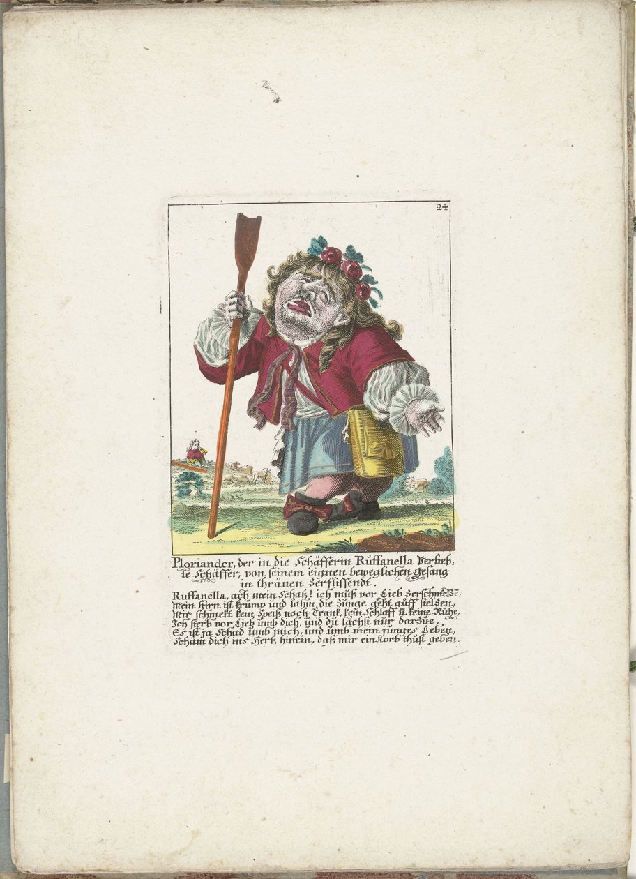 De dwerg Ploriander als herder, ca. 1710
Ploriander, o anão apaixonado pela pastora Ruffanella Schäffer, da sua própria canção comovente em thränen zerflissendt (título sobre o objecto)
Il Callotto resurcitato oder Neu eingerichtes Zwerchen Cabinet (seri de Martin Engelbrecht (attributed to)
