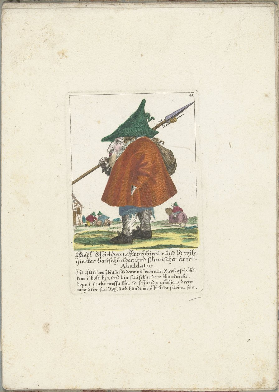 O dwerg Riepl Gleichdron, cerca de 1710 Riepl Gleichdron, cortador de salsicha licenciado e privilegiado e espanhol Apple Abaldator (título no objeto) Il Callotto resurcitato ou Armário Pequeno Recém Mobilado (título da série) de Martin Engelbrecht (attributed to)