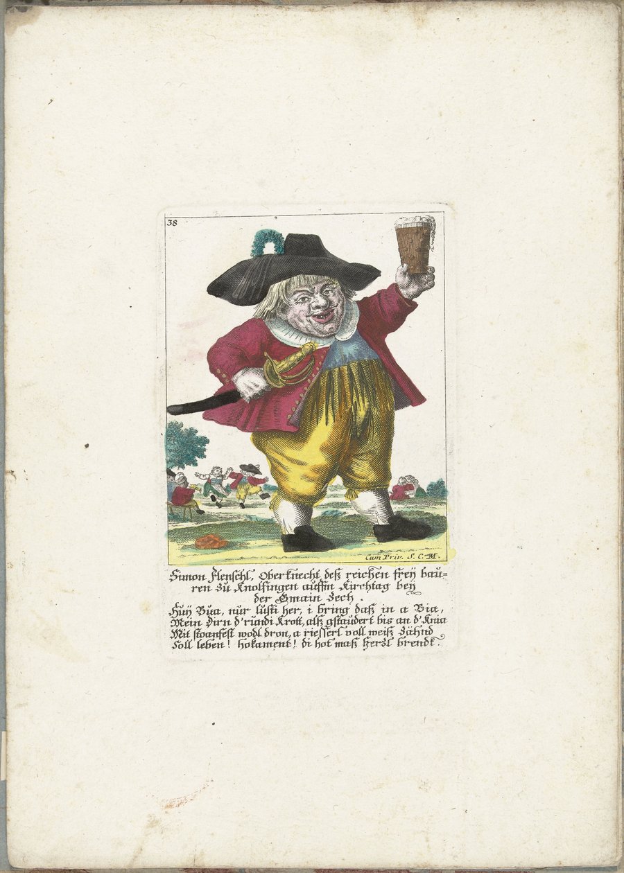 O anão Simon Flenschl, ca. 1710
Simon Flenschl, Oberknecht deß reichen freij bauren zu Knolsingen auffm Kirchtag beij der Gmain Zech (título sobre o objecto)
Il Callotto resurcitato oder Neu eingerichtes Zwerchen Cabinet (título da série) de Martin Engelbrecht (attributed to)