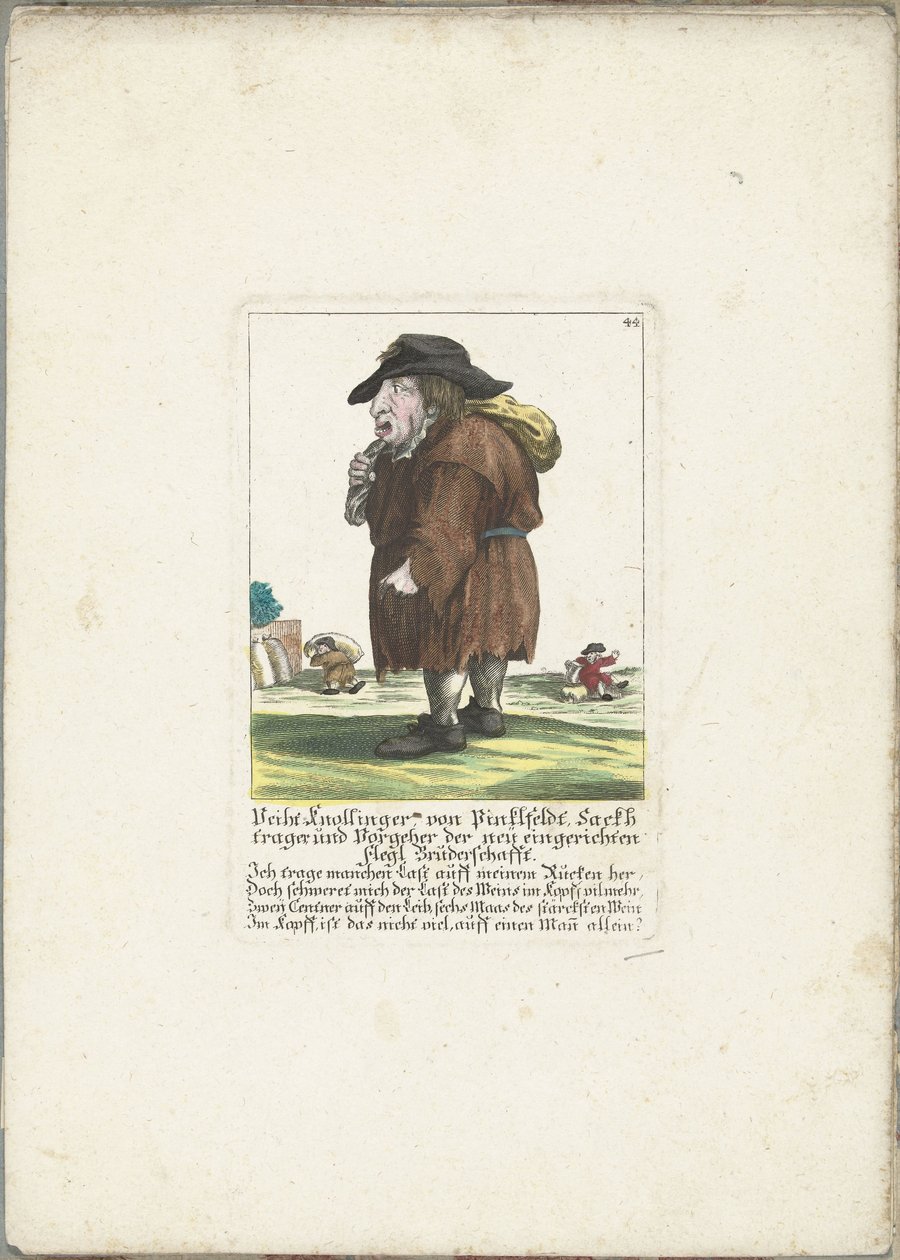 O dwerg Veith Knollinger de Pinklfeldt, cerca de 1710 Veith Knollinger von Pinklfeldt, Baghtrager e antecessor da recém-criada Fraternidade Flegl (título no objeto) Il Callotto resurcitato ou Armário Pequeno Recém Mobilado (título da série) de Martin Engelbrecht (attributed to)