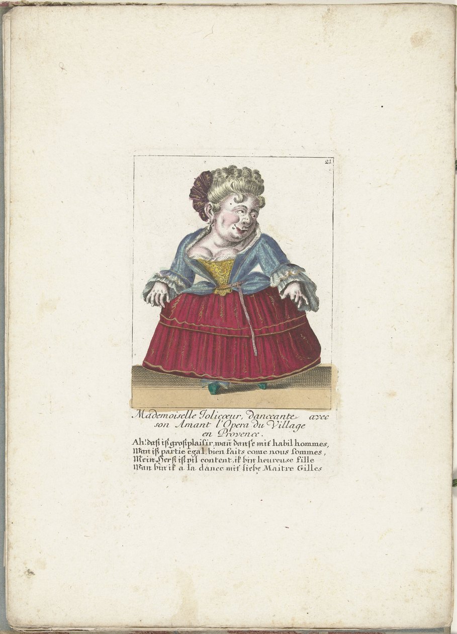 Dwerg als de Franse Mademoiselle Jolicoeur, ca. 1710 Mademoiselle Jolicoeur, dançarina com seu amante na Opera du Village em Provence (título no objeto) Il Callotto resurcitato oder Neu eingerichtes Zwerchen Cabinet (título da série) de Martin Engelbrecht (attributed to)