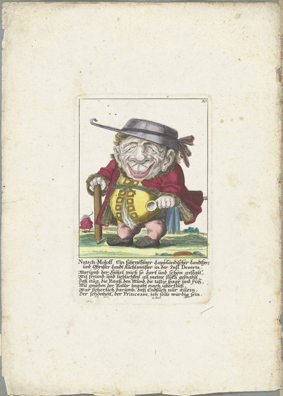 Caricatura de Nutsch-Moloff Nutsch-Moloff Um importante proprietário e coronel da Lapônia Landt Kuchlmeister na ilha de Deserta (título no objeto) Il Callotto resurcitato ou Armário Pequeno Recém Mobilado (título da série) de Martin Engelbrecht (attributed to)