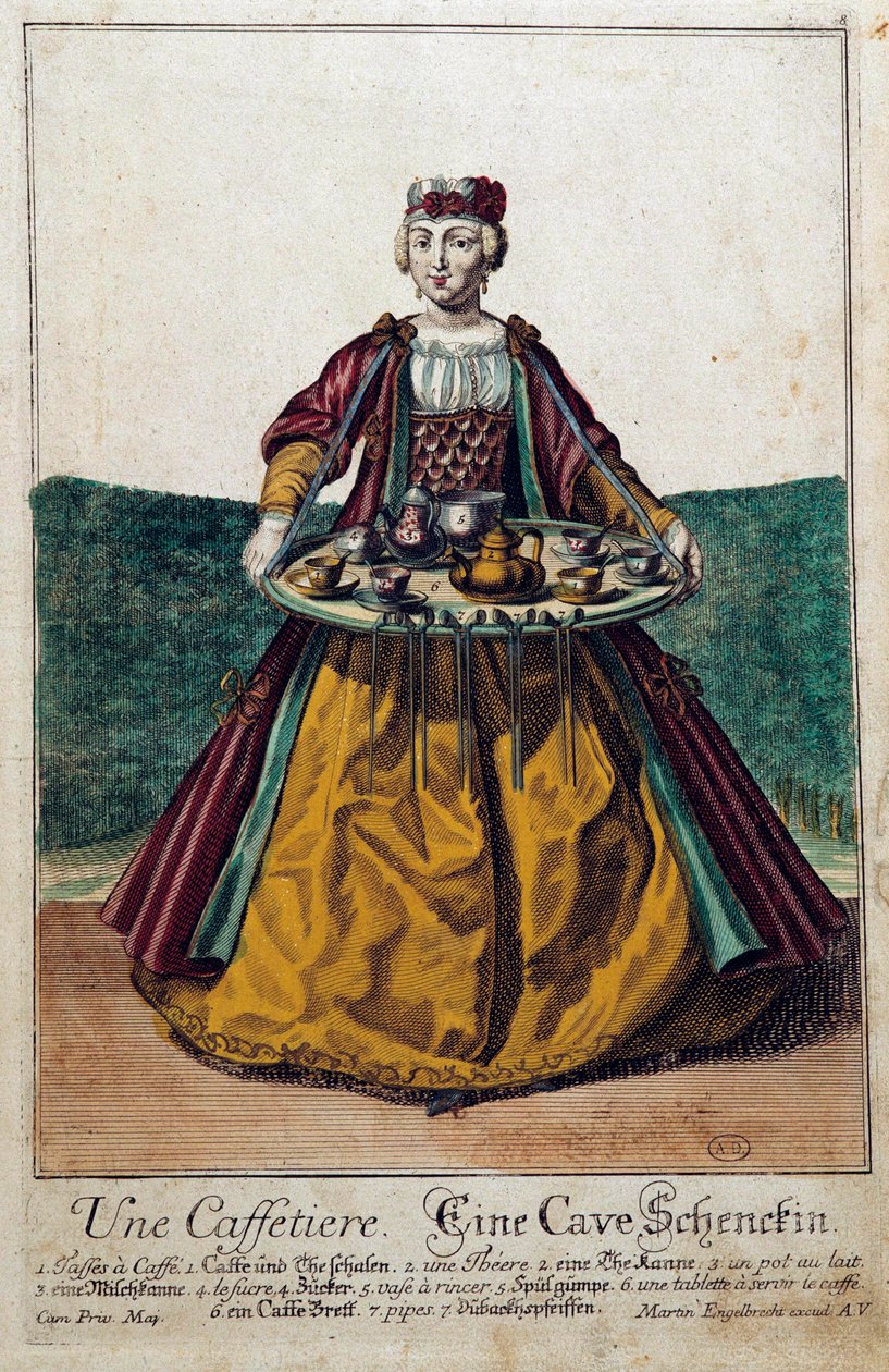 Uma cafeteira: uma jovem mulher carregando uma bandeja carregada com um serviço de café. Gravura de Martin Engelbrecht (1684-1756) Século XVIII. Paris, Artes Decorativas de Martin Engelbrecht