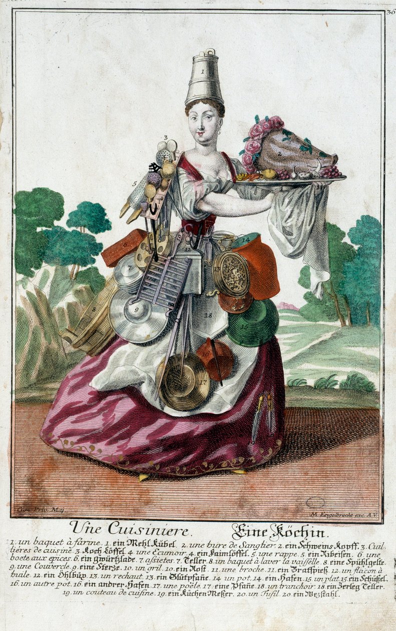 Um cozinheiro. Gravura de Martin Engelbrecht (1684-1756), em "New assembly of the manouvries habilles", século XVIII, Alemanha. Paris, Artes Decorativas de Martin Engelbrecht