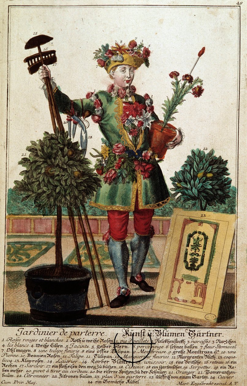 Um jardineiro. Gravura de Martin Engelbrecht (1684-1756), em "New assembly of the manouvries habilles", século XVIII, Alemanha. Paris, Artes Decorativas de Martin Engelbrecht