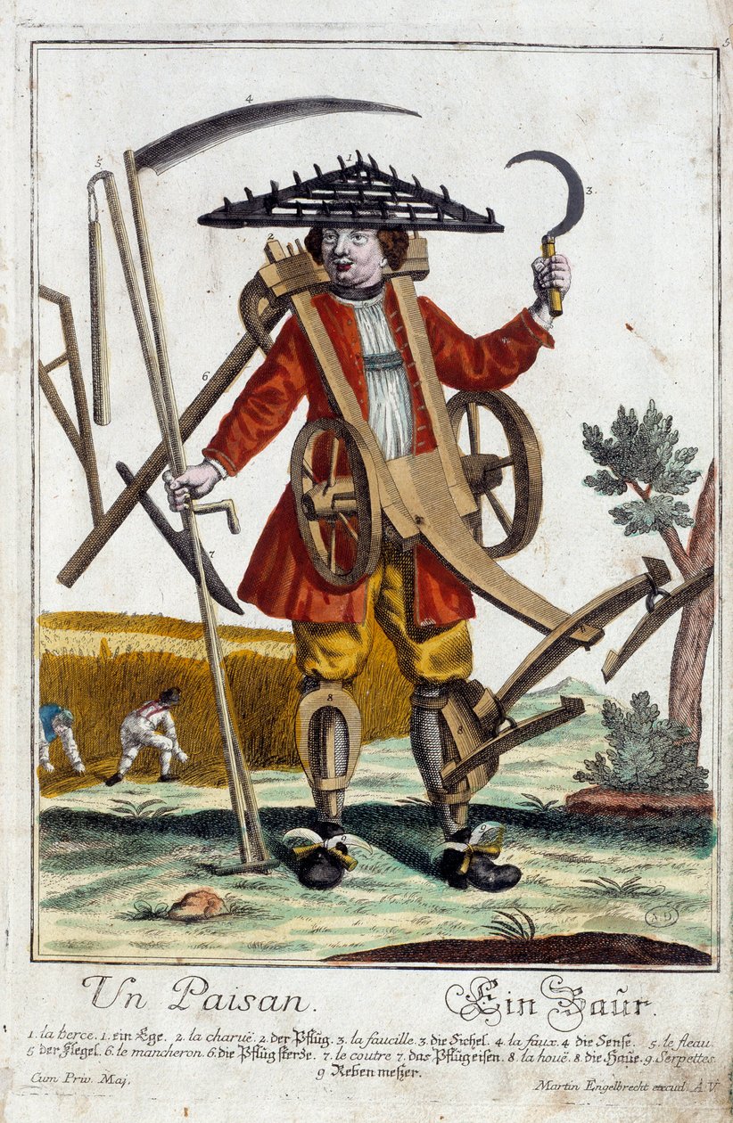 Um camponês. Gravura de Martin Engelbrecht (1684-1756), em "New assembly of the manouvries habilles", século XVIII, Alemanha. Paris, Artes Decorativas de Martin Engelbrecht