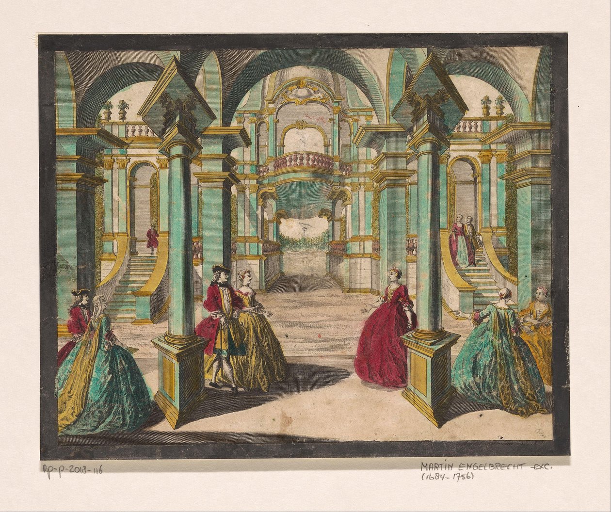 Vista do interior de um palácio, com várias senhoras e senhores ricamente vestidos de Martin Engelbrecht
