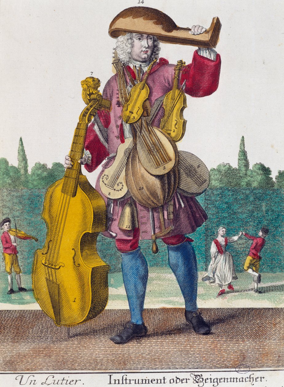 Luteiro, gravura de Assemblage des nouveau manouvries habilles de Martin Engelbrecht (1684-1756), Alemanha de Martin Engelbrecht