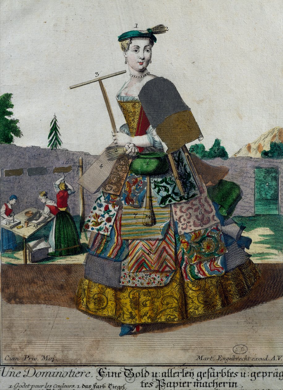 Fabricante de papéis coloridos, gravura de Assemblage des nouveau manouvries habilles Martin Engelbrecht (1684-1756), Alemanha de Martin Engelbrecht