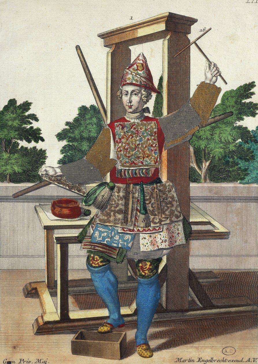 Fabricante de papéis coloridos, gravura de Assemblage des nouveau manouvries habilles Martin Engelbrecht (1684-1756), Alemanha de Martin Engelbrecht