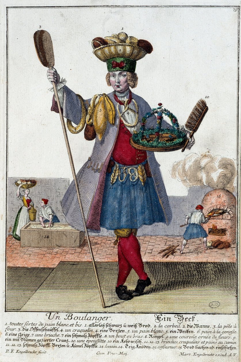 Metier: Um padeiro. Gravura de Martin Engelbrecht (1684-1756), em "New assembly of the manouvries habilles", século XVIII, Alemanha. Paris, Artes Decorativas de Martin Engelbrecht