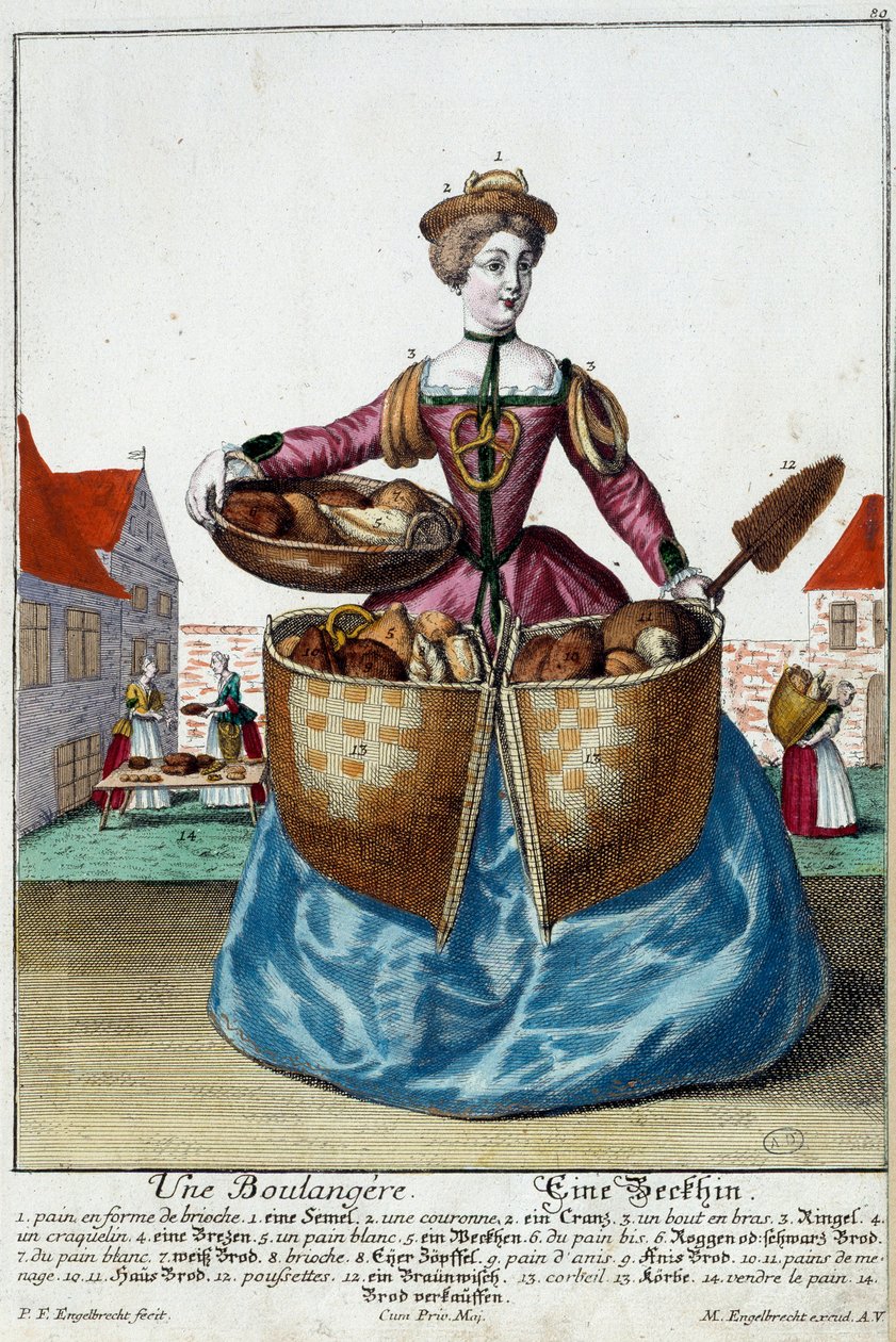 Metier: Um padeiro. Gravura de Martin Engelbrecht (1684-1756), em "New assembly of the manouvries habilles", século XVIII, Alemanha. Paris, Artes Decorativas de Martin Engelbrecht