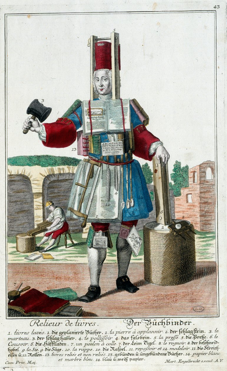 Metier: Um encadernador de livros. Gravura de Martin Engelbrecht (1684-1756), em "New assembly of the manouvries habilles", século XVIII, Alemanha. Paris, Artes Decorativas de Martin Engelbrecht