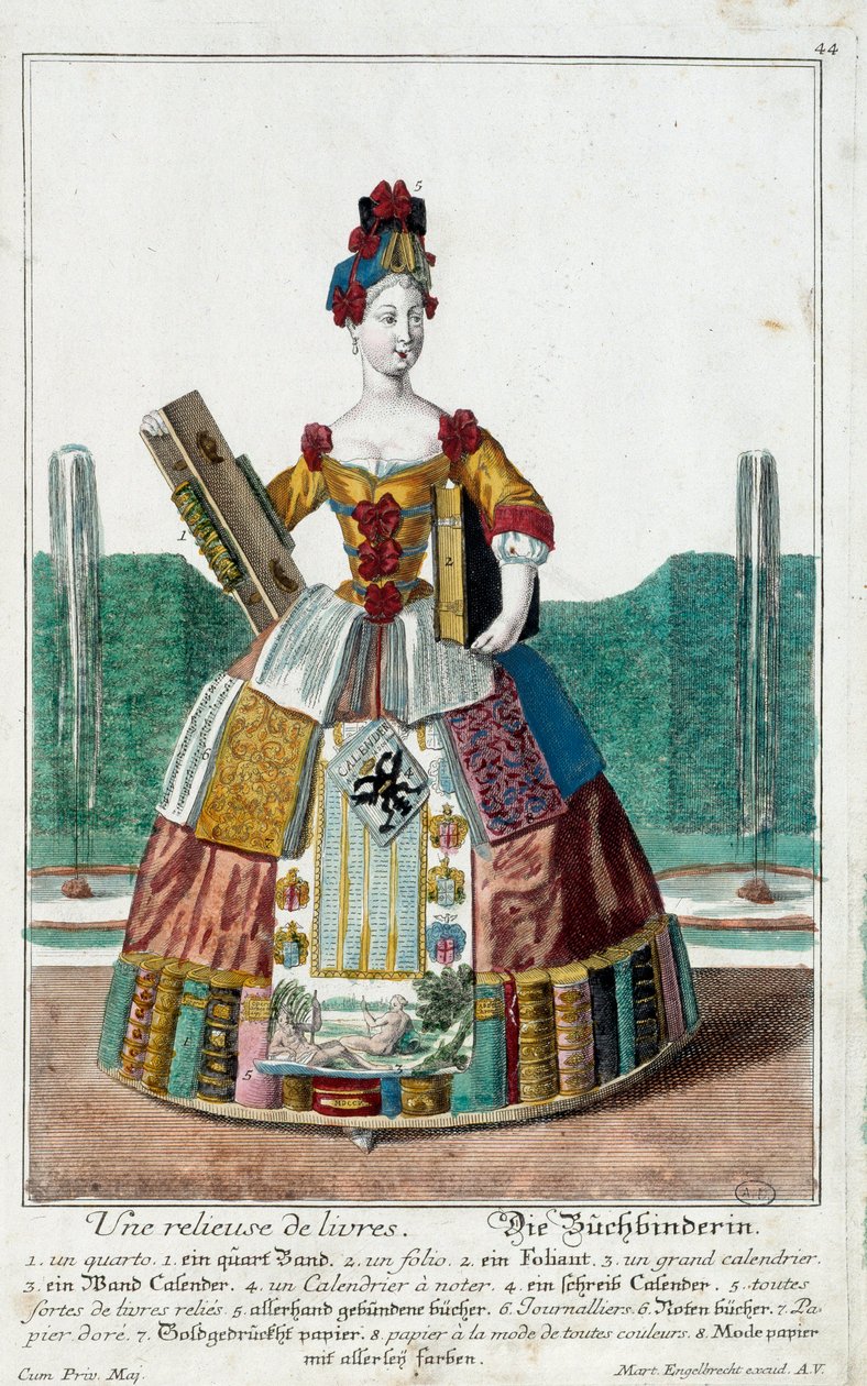 Metier: Um encadernador de livros. Gravura de Martin Engelbrecht (1684-1756), em "New assembly of the manouvries habilles", século XVIII, Alemanha. Paris, Artes Decorativas de Martin Engelbrecht