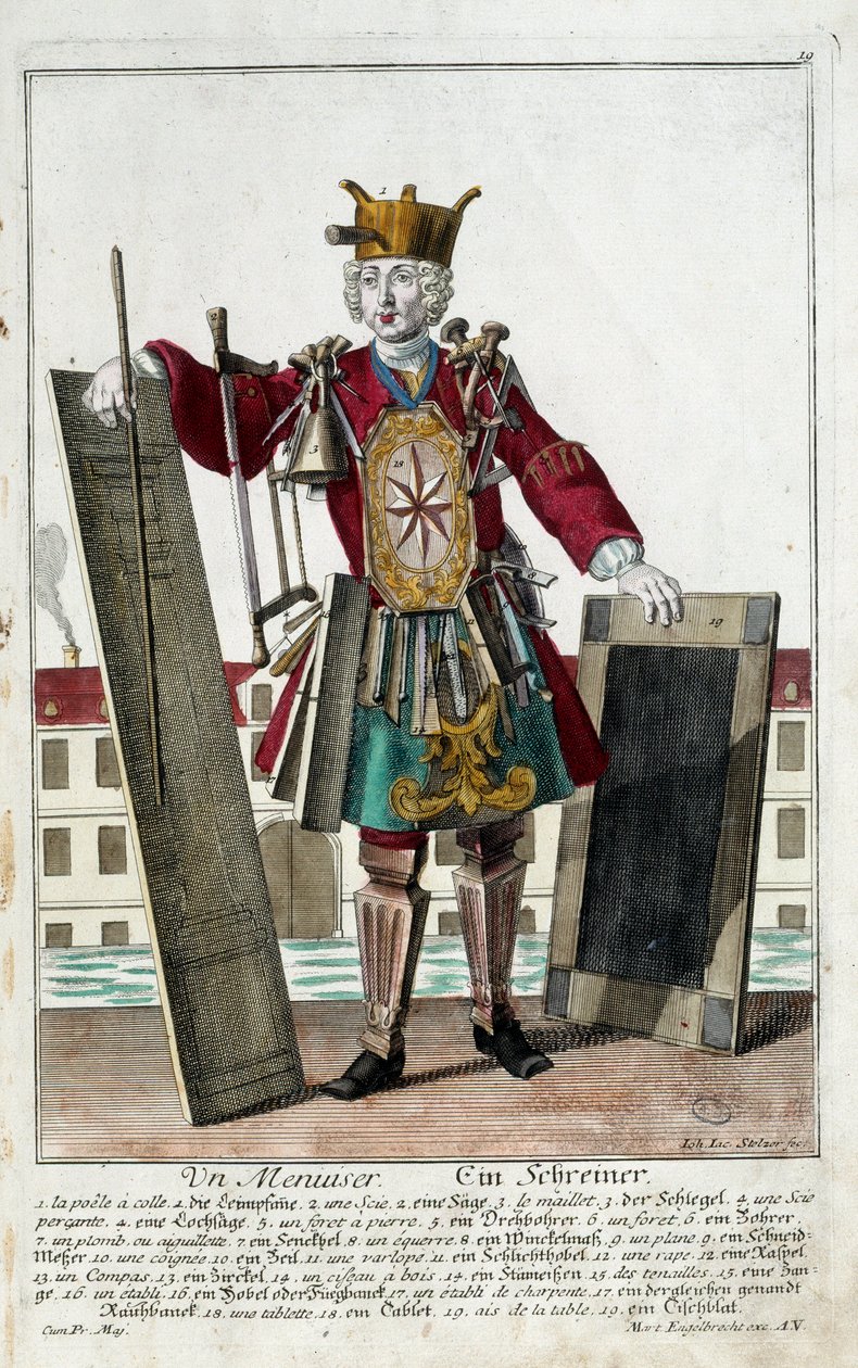 Metier: Um carpinteiro. Gravura de Martin Engelbrecht (1684-1756), em "New assembly of the manouvries habilles", século XVIII, Alemanha. Paris, Artes Decorativas de Martin Engelbrecht