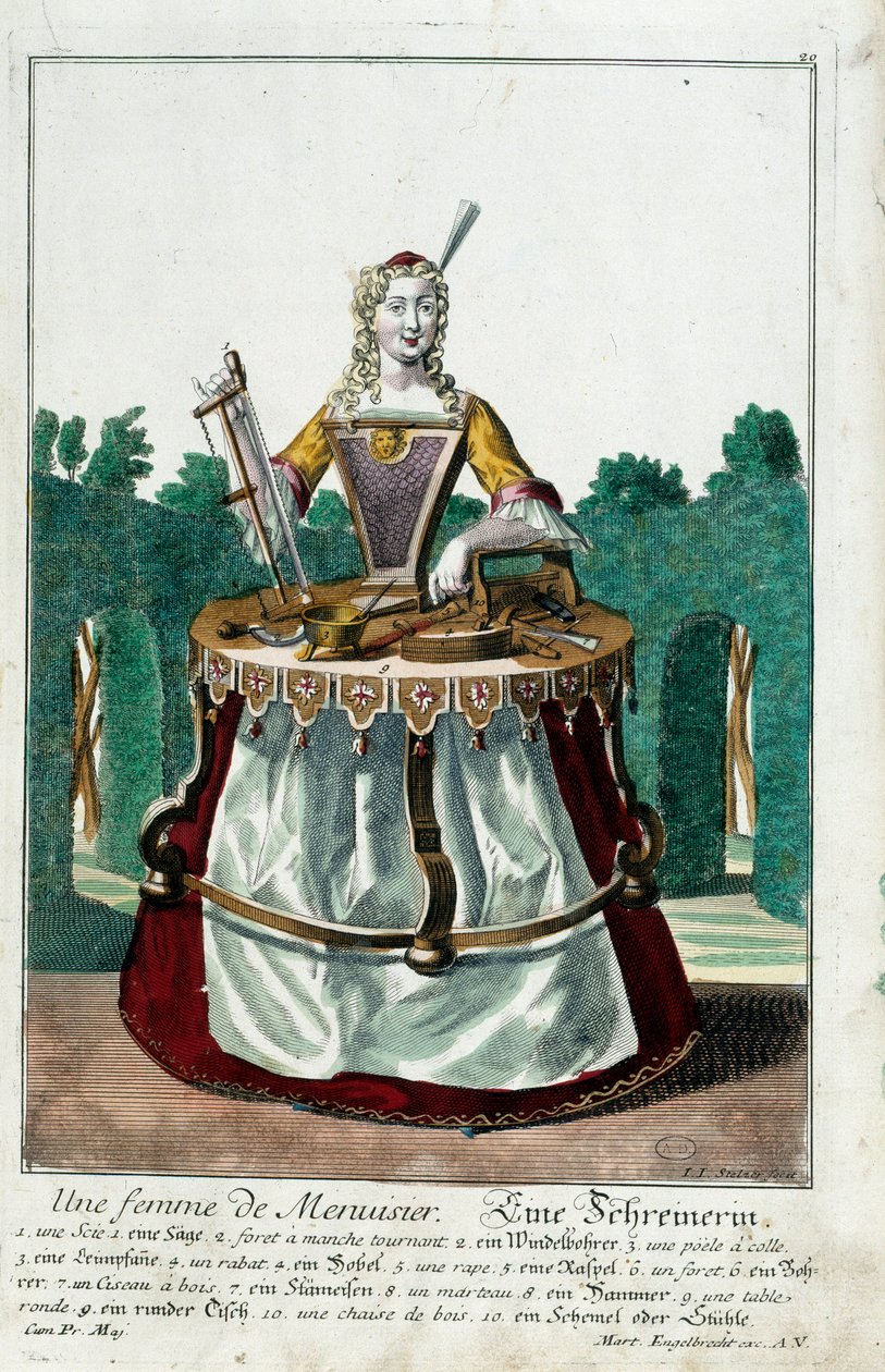 Metier: A mulher de um carpinteiro. Gravura de Martin Engelbrecht (1684-1756), em "New assembly of the manouvries habilles", século XVIII, Alemanha. Paris, Artes Decorativas de Martin Engelbrecht