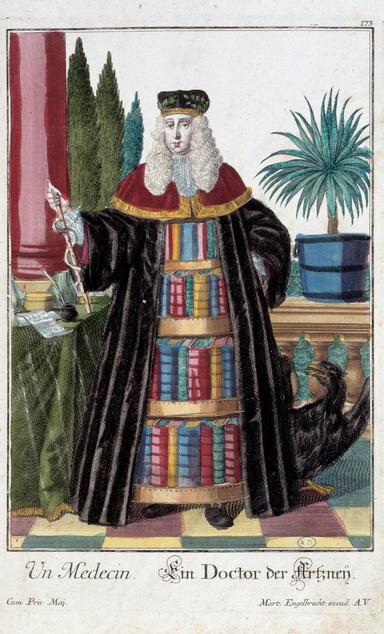 Metier: Um médico. Gravura de Martin Engelbrecht (1684-1756), em "New assembly of the manouvries habilles", século XVIII, Alemanha. Paris, Artes Decorativas de Martin Engelbrecht