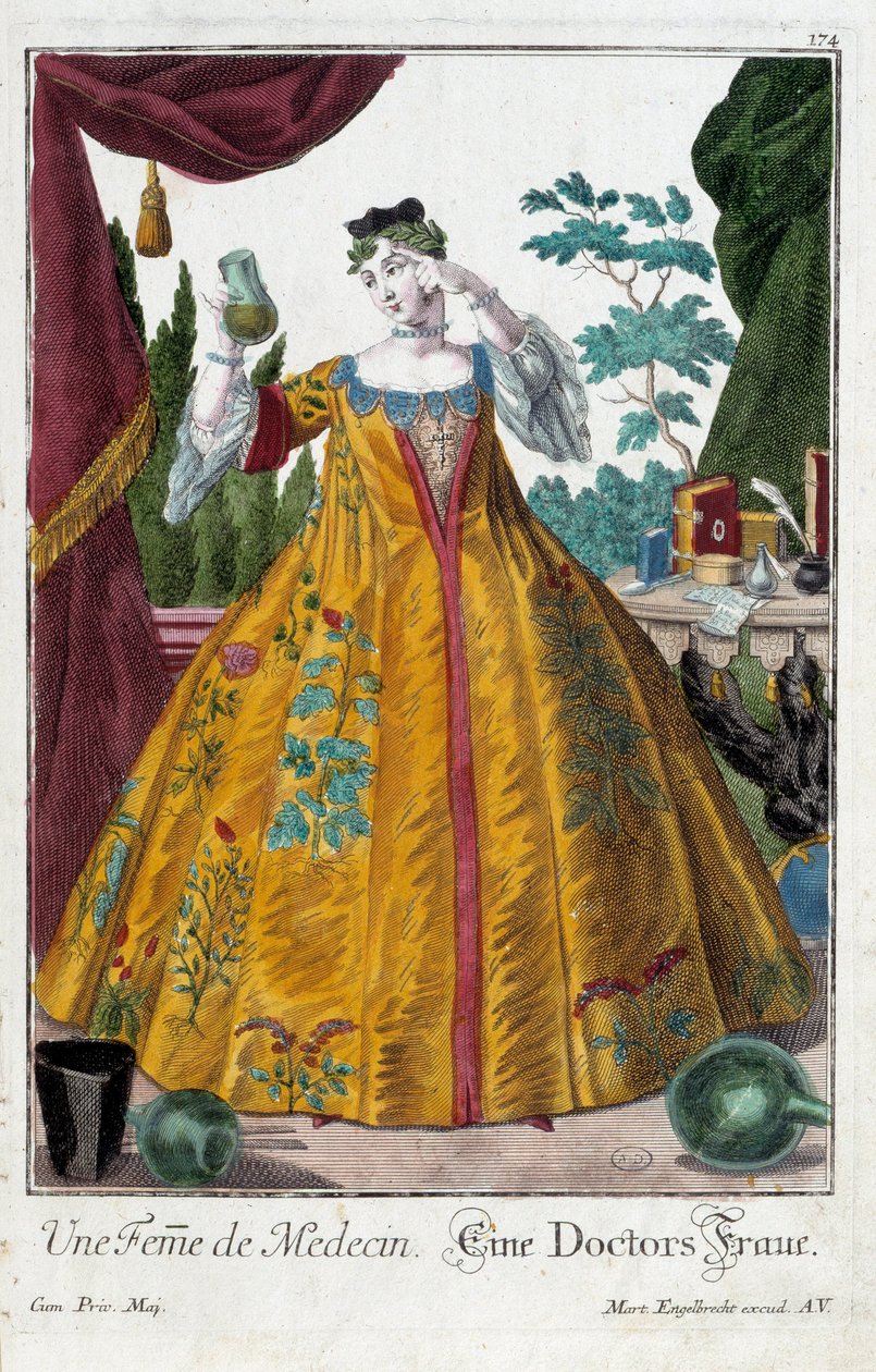 Metier: A mulher de um médico. Gravura de Martin Engelbrecht (1684-1756), em "New assembly of the manouvries habilles", século XVIII, Alemanha. Paris, Artes Decorativas de Martin Engelbrecht