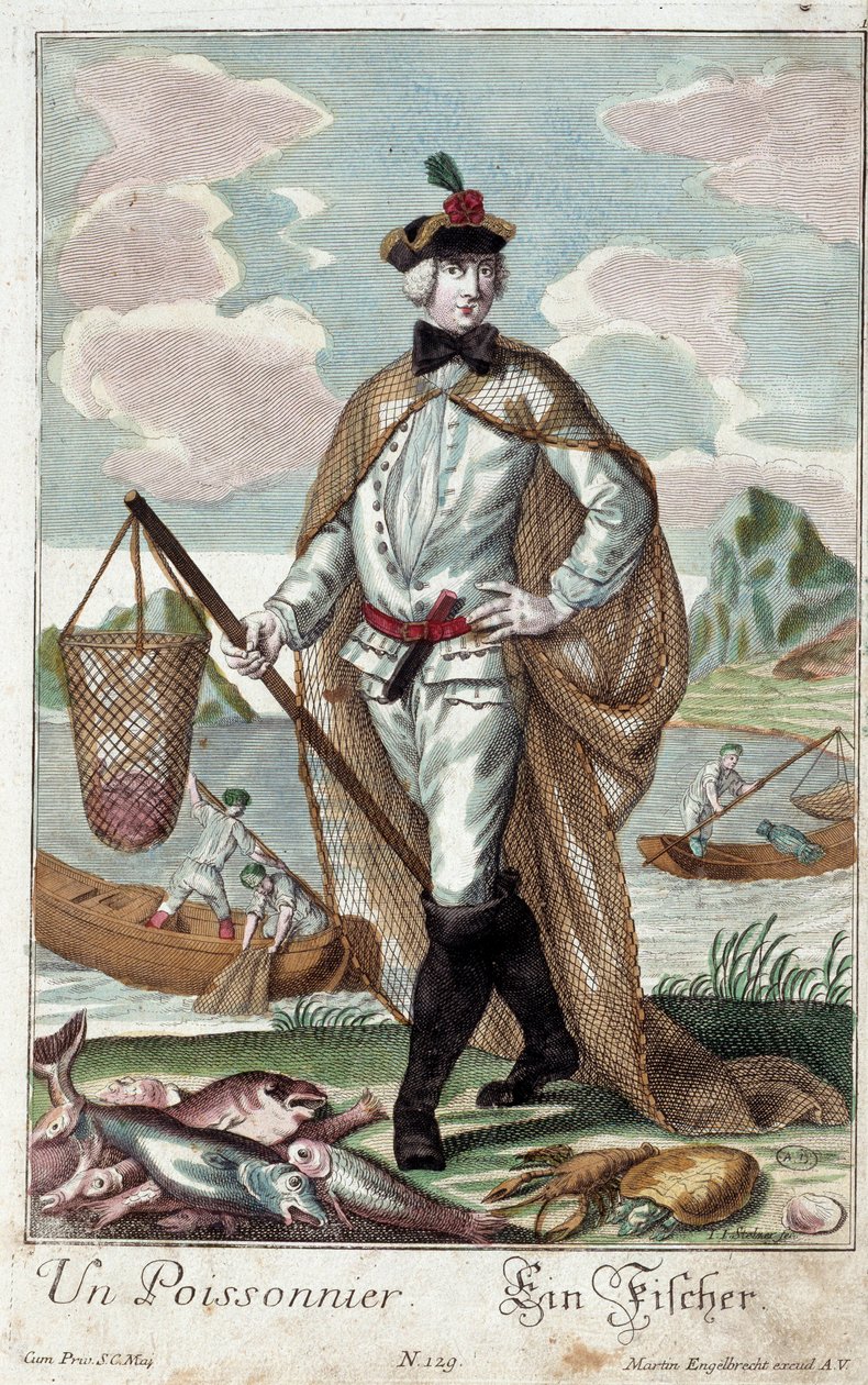 Metier: Um piscicultor. Gravura de Martin Engelbrecht (1684-1756), em "New assembly of the manouvries habilles", século XVIII, Alemanha. Paris, Artes Decorativas de Martin Engelbrecht