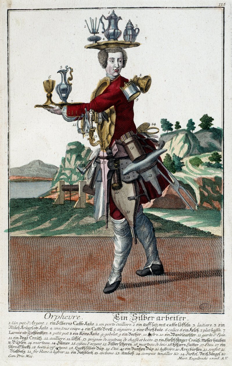 Metier: Um peixe-dourado. Gravura de Martin Engelbrecht (1684-1756), em "New assembly of the manouvries habilles", século XVIII, Alemanha. Paris, Artes Decorativas de Martin Engelbrecht