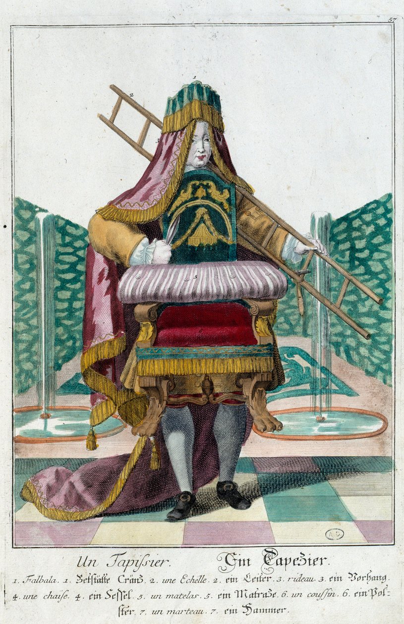 Metier: Um estofado. Gravura de Martin Engelbrecht (1684-1756), em "New assembly of the manouvries habilles", século XVIII, Alemanha. Paris, Artes Decorativas de Martin Engelbrecht