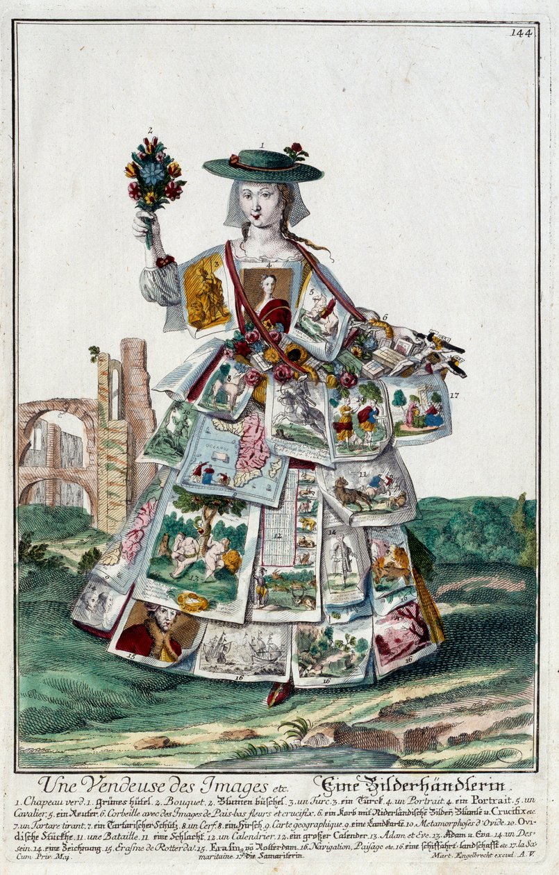 Metier: Uma vendedora de imagens. Gravura de Martin Engelbrecht (1684-1756), em "New assembly of the manouvries habilles", século XVIII, Alemanha. Paris, Artes Decorativas de Martin Engelbrecht