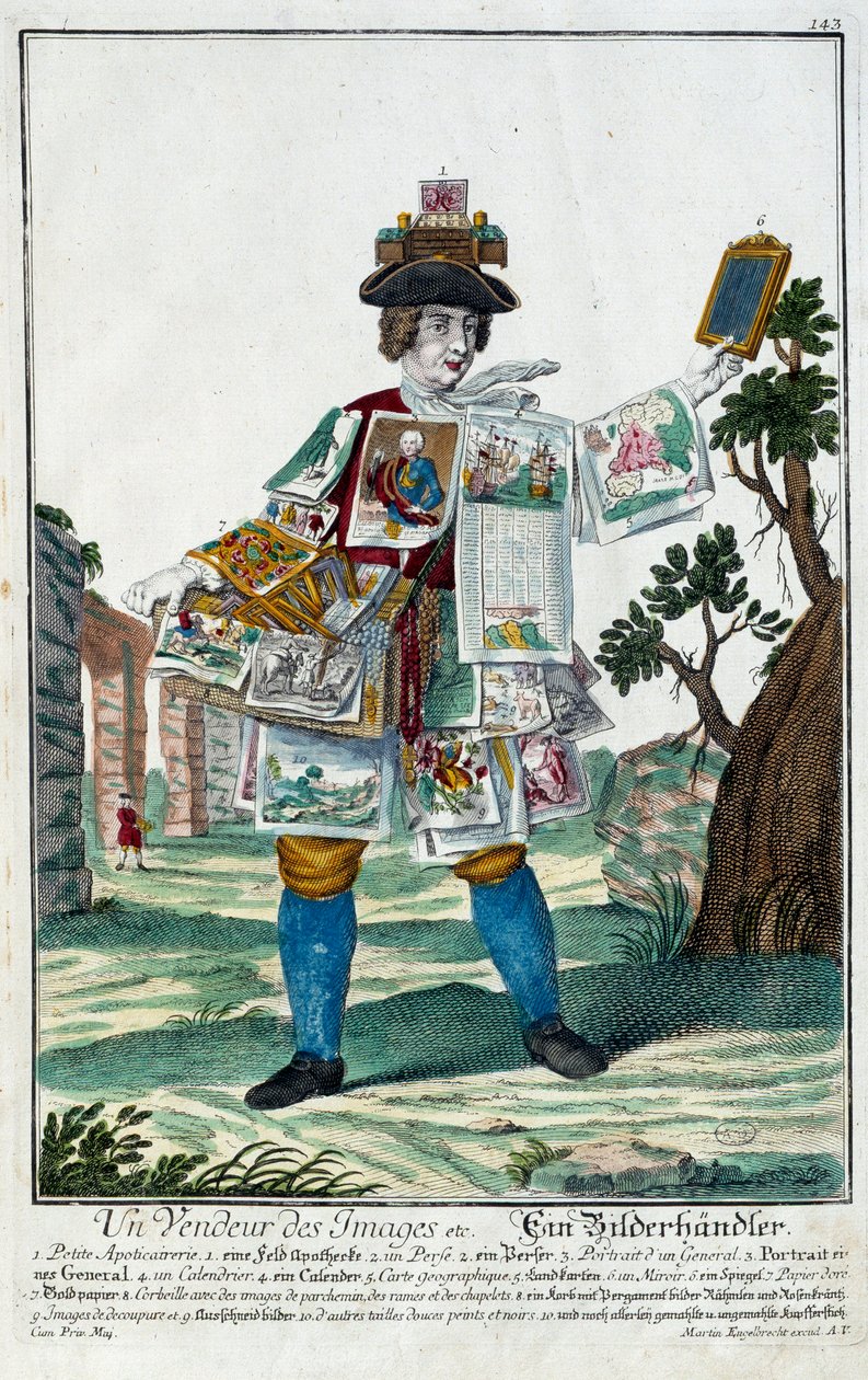 Metier: Um vendedor de imagens. Gravura de Martin Engelbrecht (1684-1756), em "New assembly of the manouvries habilles", século XVIII, Alemanha. Paris, Artes Decorativas de Martin Engelbrecht