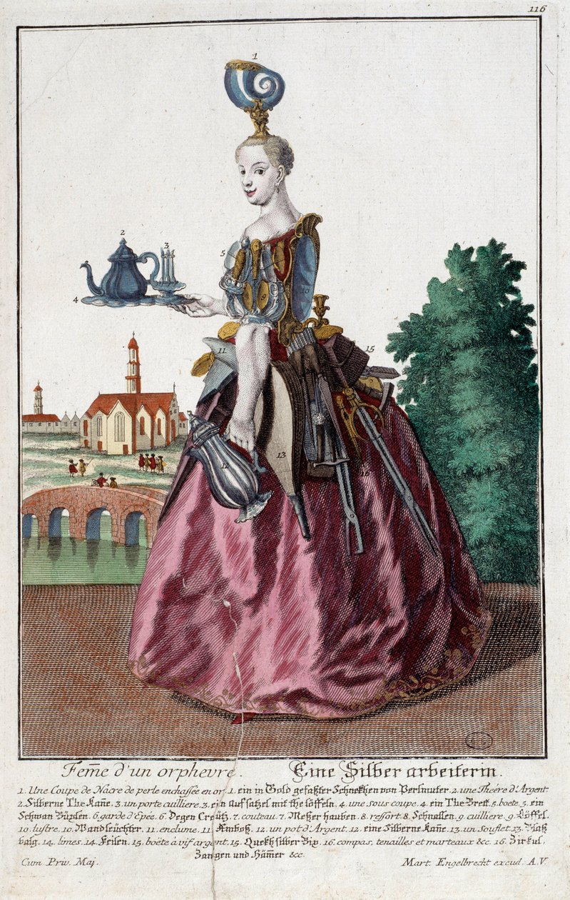 Metier: Mulher de um peixinho dourado. Gravura de Martin Engelbrecht (1684-1756), em "New assembly of the manouvries habilles", século XVIII, Alemanha. Paris, Artes Decorativas de Martin Engelbrecht