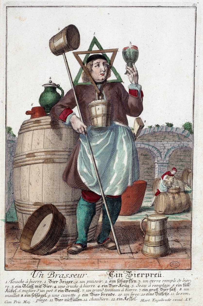 Representação de uma cervejaria com uma fonte, um copo, um jarro, um balde, um barril, um maço, uma tigela, um brocado, uma caldeira. Gravura de Martin Engelbrecht (1684-1756) de Martin Engelbrecht