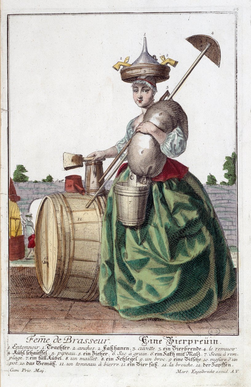 Representação da esposa de uma cervejeira, carregando um funil na cabeça, um saco de grãos, uma tigela, um balde, um barril de cerveja. Gravura de Martin Engelbrecht (1684-1756) de Martin Engelbrecht