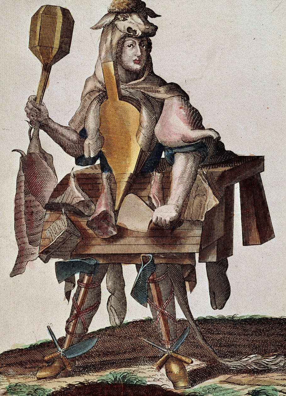 O açougueiro, gravura de Assemblage des nouveau manouvries habilles Martin Engelbrecht (1684-1756), Alemanha de Martin Engelbrecht