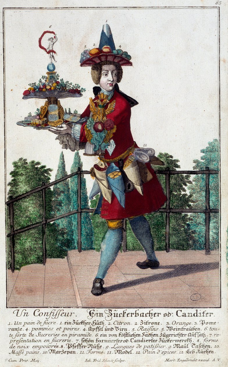 O doceiro: um jovem segurando uma bandeja de doces e confeitaria. Gravura de Martin Engelbrecht (1684-1756) Século XVIII. Paris, Artes Decorativas de Martin Engelbrecht