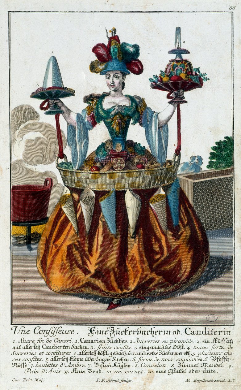 A doçaria: uma jovem mulher segurando uma bandeja de doces e confeitos. Gravura de Martin Engelbrecht (1684-1756) Século XVIII. Paris, Artes Decorativas de Martin Engelbrecht