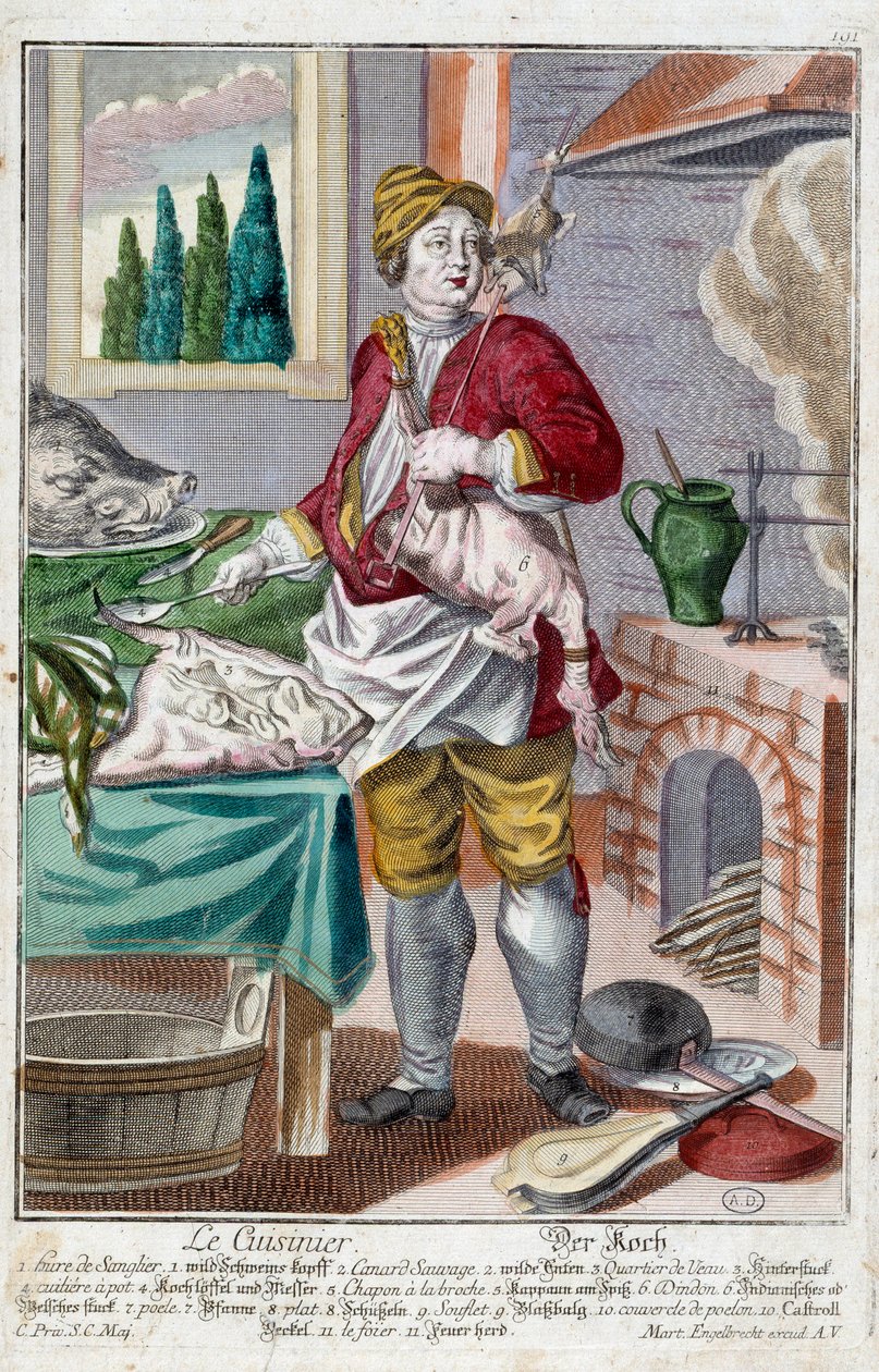 O cozinheiro. Gravura de Martin Engelbrecht (1684-1756), em "New assembly of the manouvries habilles", século XVIII, Alemanha. Paris, Artes Decorativas de Martin Engelbrecht