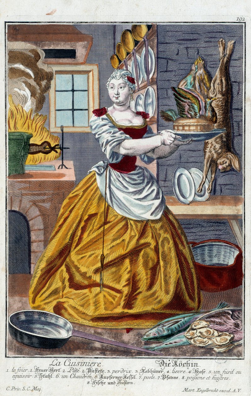 O cozinheiro. Gravura de Martin Engelbrecht (1684-1756), em "New assembly of the manouvries habilles", século XVIII, Alemanha. Paris, Artes Decorativas de Martin Engelbrecht