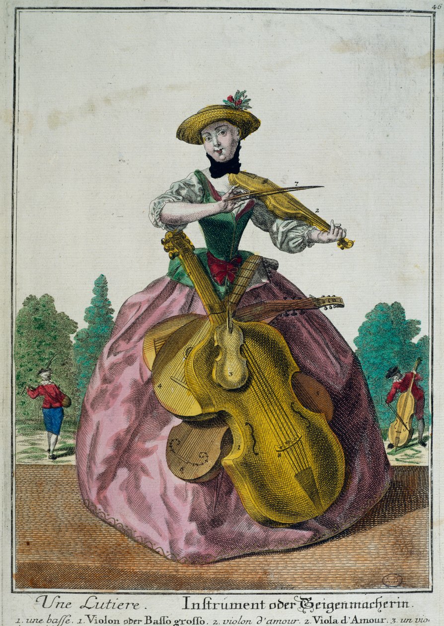 Une Lutiere, Lutista com viola, violoncelo e violino, de Martin Engelbrecht (1684-1756), impressão a cores, França de Martin Engelbrecht